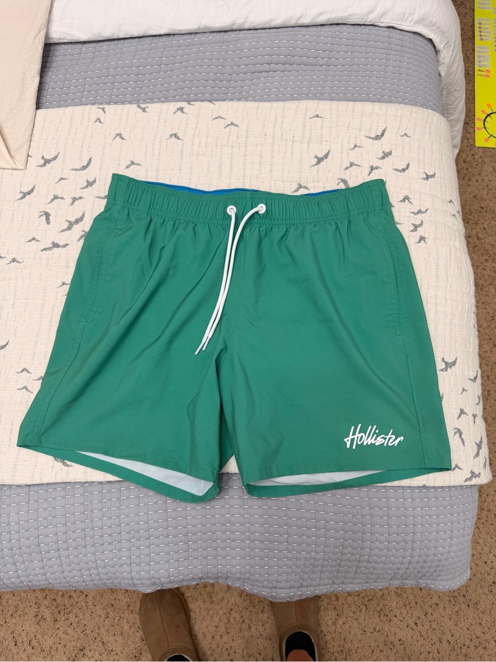 Hollister Green Men's Swim Trunks with White Drawstring